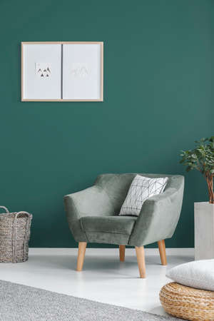 Plant next to green armchair with pillow in living room interior with poster on the wallの写真素材
