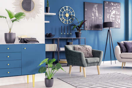 Plant on blue cupboard in cozy living room interior with green armchair on striped carpetの写真素材