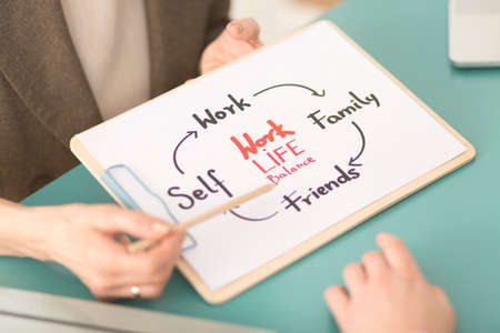 Advisor showing her client a work-life balance diagram on a piece of paperの写真素材