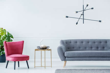 Elegant room with grey sofa, red armchair, a lamp, plant and a table
