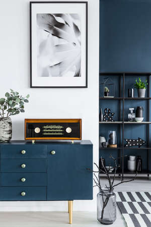 Close-up of a painting, blue cabinet, retro radio and glass vase with branches in dark living room interior and metal shelf in the backgroundの写真素材