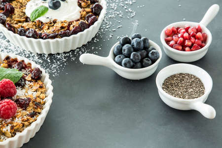 High angle of two bowls of oatmeal with raisins and fruit next to blueberries and pomegranate seeds for breakfastの写真素材