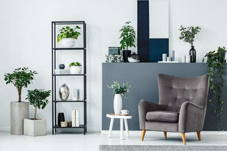 Modern sitting area interior with a comfy armchair, metal shelf and plantsの写真素材