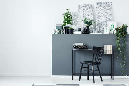 Grey home office interior with a desk, typewriter, plants and paintings next to an empty wall