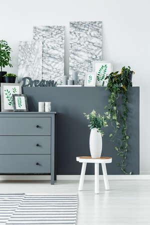 Grey chest of drawers, floral photos, white stool and plants in a bright room interiorの写真素材