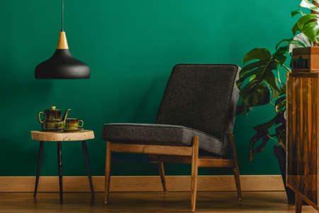 Black chair in retro room interior with green walls, black lamp, stool, teapot, cupboard and plant