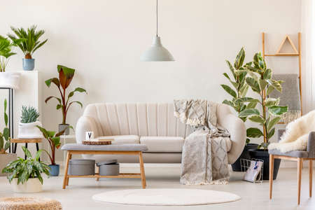 Blanket on beige settee under grey lamp in floral living room interior with plants and chair. Real photoの写真素材