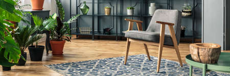 A grey chair standing on a patterned rug in front of black shelves and next to vases with plants in...