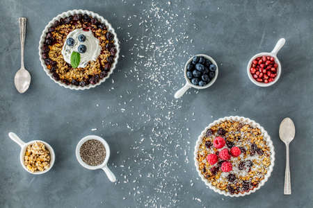 Top view of raw food diet - vegan tarts with nuts, seeds and berries, cups with ingredients and coconutの写真素材