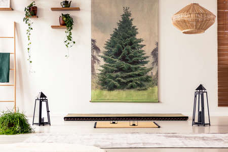 Tree poster on the wall, lamps, plants, tatami mat and mattress in a Japanese room interiorの写真素材