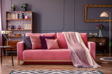 Front view of a pink sofa with pillows and blanket, vintage cupboard in the background in a glamorous living room interiorの写真素材