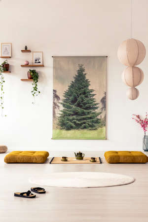 Front view of flip-flops in an Asian dining room interior with a tree graphic on the wall, futons and chandelierの写真素材