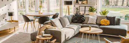 Side angle of a corner sofa with pillows and dining table with chairs behind in a bright living room interiorの写真素材