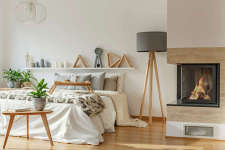 Plant on wooden table and grey lamp in warm bedroom interior with fireplace near bedの写真素材