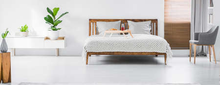 Panorama of a bright bedroom interior with cabinet with green plants on top and wooden double bed standing against a white wall. Breakfast tray, pillows and blanket on the bed. Real photo.の写真素材