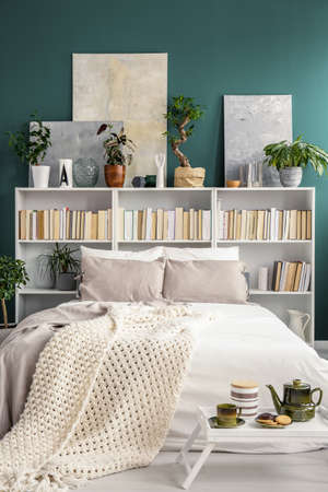 White bookshelf behind a double bed with blanket and pillows, plants and paintings in a green bedroom interiorの写真素材