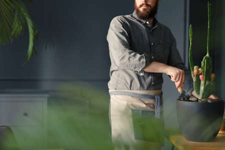Close-up of gardener with beard wearing a work suit taking care of a cactus