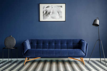 Navy blue room interior with comfortable plush couch in the middle, black lamp and side table with...