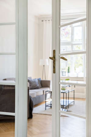 Blurred sofa and table in minimal living room interior. View through a glass door. Real photo