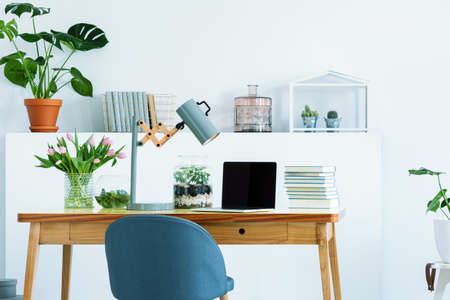 Blue chair at wooden desk with books, laptop and lamp in white interior with study area with...