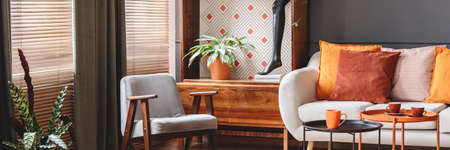 Grey armchair, bright sofa with orange pillows and cups on metal tables standing in dark living room...