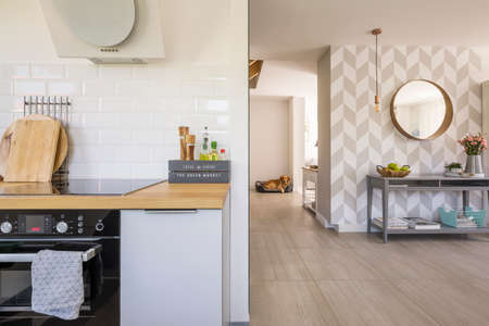 Open space kitchen interior with modern oven and spices on countertop in real photo of Scandinavian...