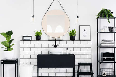 Mirror and poster above black washbasin in bathroom interior with plants and lamps. Real photoの写真素材