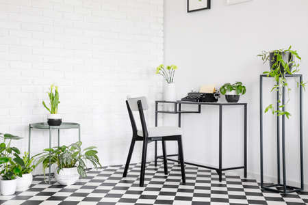 Chair at desk with typewriter in white and black workspace interior with plants. Real photo