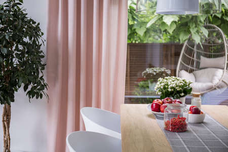 White chairs at table with fruits in dining room interior with plant, pink drapes and window. Real...