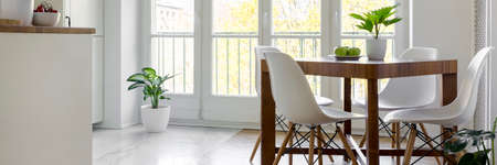 White chairs by the wooden table with green apples and fresh plant in the real photo of white dining room interior with glass doorの写真素材