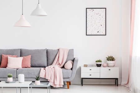 Poster above cabinet with plants in white flat interior with pink blanket on grey couch. Real photoの写真素材