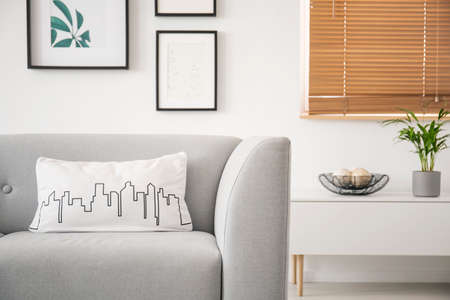 Pillow with a city outline graphic on a gray sofa and a blurry background of framed gallery on a...
