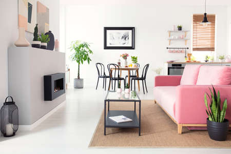 Real photo of open space flat interior with pink velvet sofa, fireplace, dining table and...