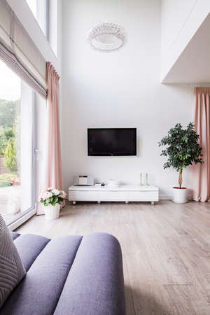 Real photo of a living room interior with a TV on the wall, cabinet and plant next to a balcony door