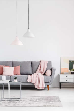 Lamps above table on carpet in bright living room interior with pink blanket on grey sofa. Real photoの写真素材