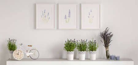 Real photo of three simple posters hanging on wall above shelf with bike shaped clock, fresh...