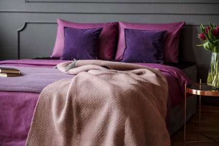Real photo of modern hotel bedroom interior with pink blanket on double bed with purple cushionsの写真素材