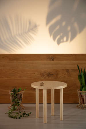 Simple table between plants on a wooden background and leaf shaped shadows. Real photo