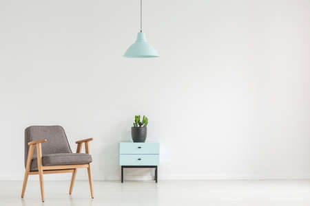 Grey wooden armchair next to cabinet with plant in white minimal flat interior with lamp. Real photo