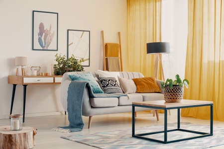 Orange drapes and plant on wooden table in living room interior with blue blanket on sofa. Real photoの写真素材