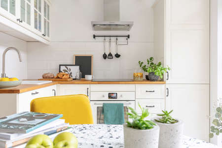 Close-up of a table with fruit, plants and magazines in a bright kitchen interior. Cupboards in the background. Real photoの写真素材