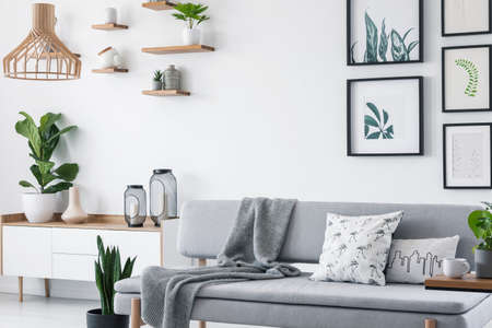 Pillows and blanket on grey couch in white scandinavian loft interior with plants and gallery. Real photoの写真素材