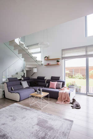 Real photo of a spacious living room interior with a corner sofa, coffee table and carpet