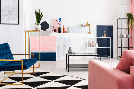 Interior designed with geometrical precision in art collector's apartment, real photo