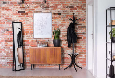 Wooden cupboard with plant on it between mirror and black hanger, real photoの写真素材