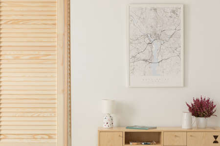 Wooden screen next to wooden cabinet with lamp, vase and heather in white pot, map in white frame on the wall, real photoの写真素材