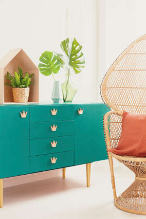 Green cabinet with stylish crown shape handles next to peacock chair with orange pillow, real photoの写真素材