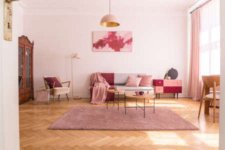 Trendy living room interior with grey couch with pastel pink pillows and blanket, stylish beige armchair with burgundy pillow and retro cabinet in the cornerの写真素材