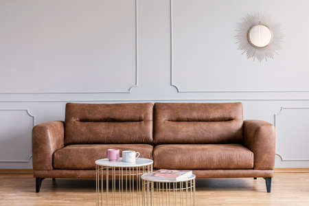 Real photo of a leather sofa, coffee tables and mirror in a living room interiorの写真素材