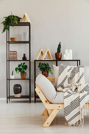 Metal shelf with plants in pots, books and accessories behind comfortable sofa with striped blanket,...